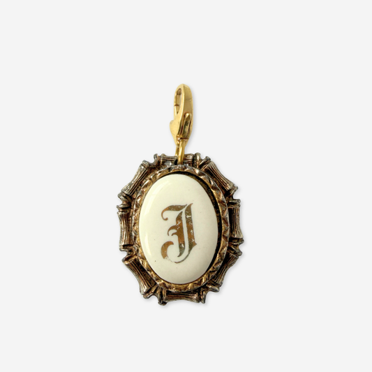Vintage white oval ceramic letter "J" monogram charm