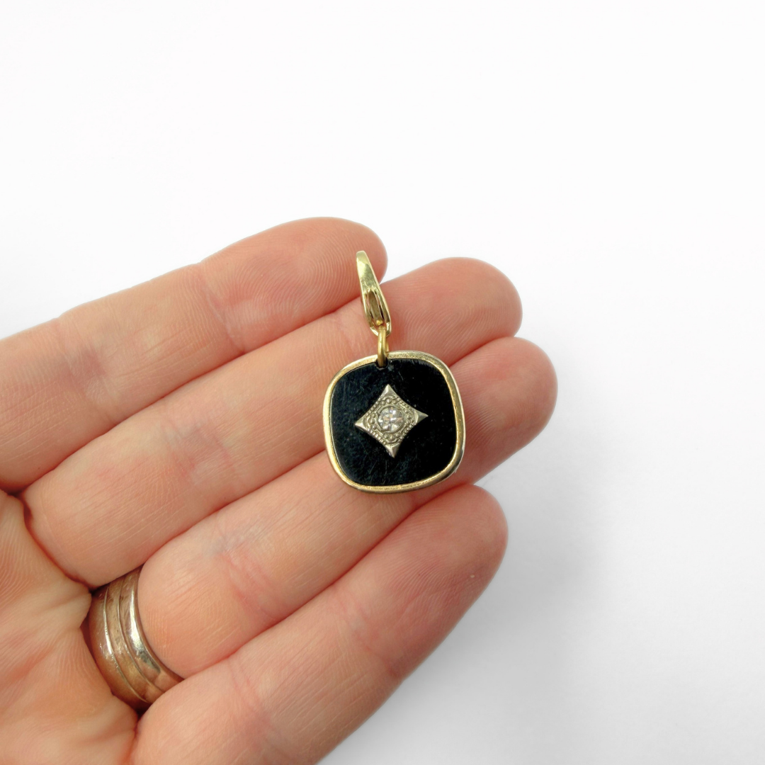 Vintage gold plated and black glass deco style rounded square charm