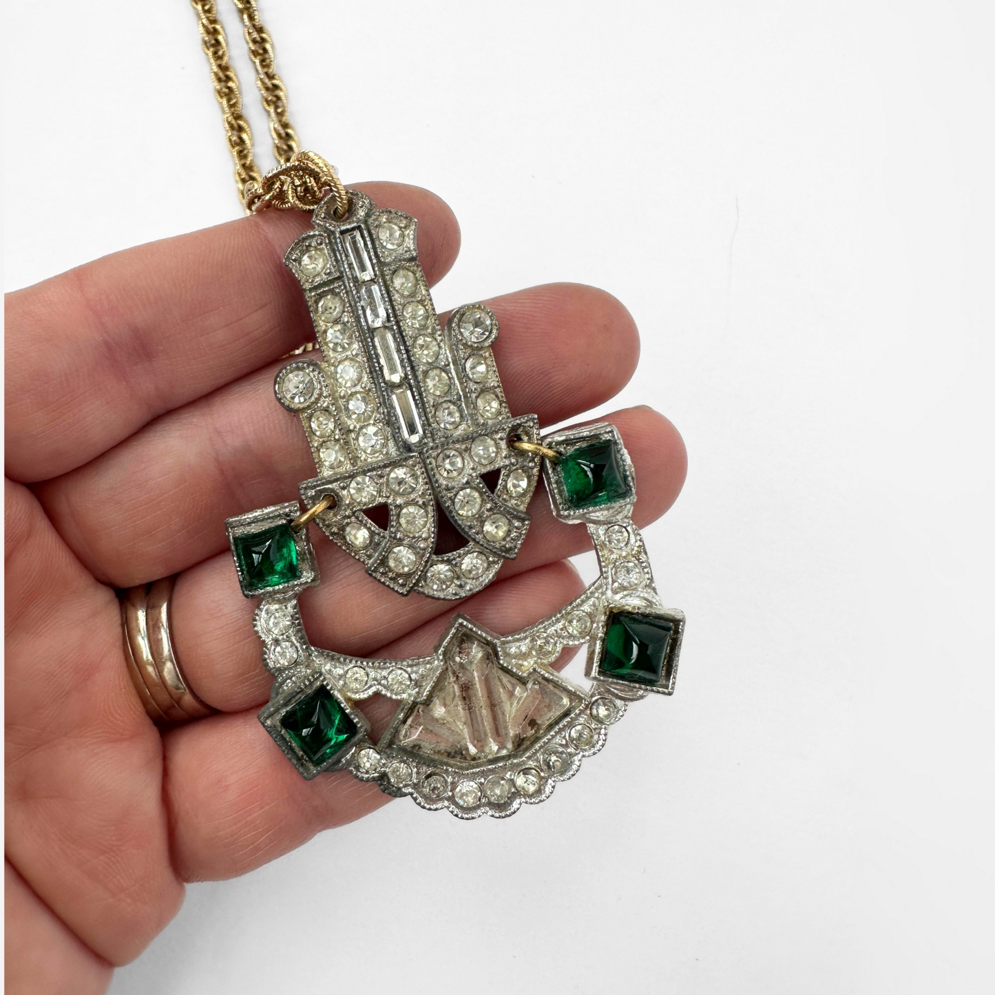 Refashioned 2-pc vintage art deco clear and emerald rhinestone pendant assemblage necklace