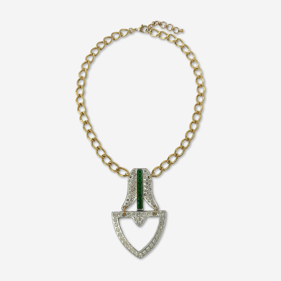 Refashioned vintage clear and emerald rhinestone pendant assemblage necklace