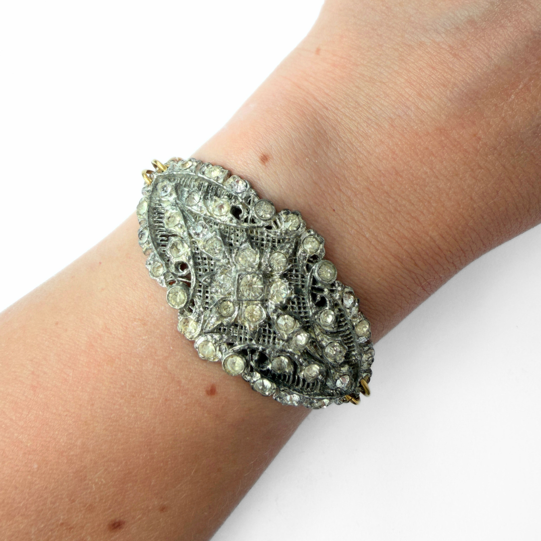 Refashioned vintage clear rhinestone bow bracelet with brass chain (Copy)