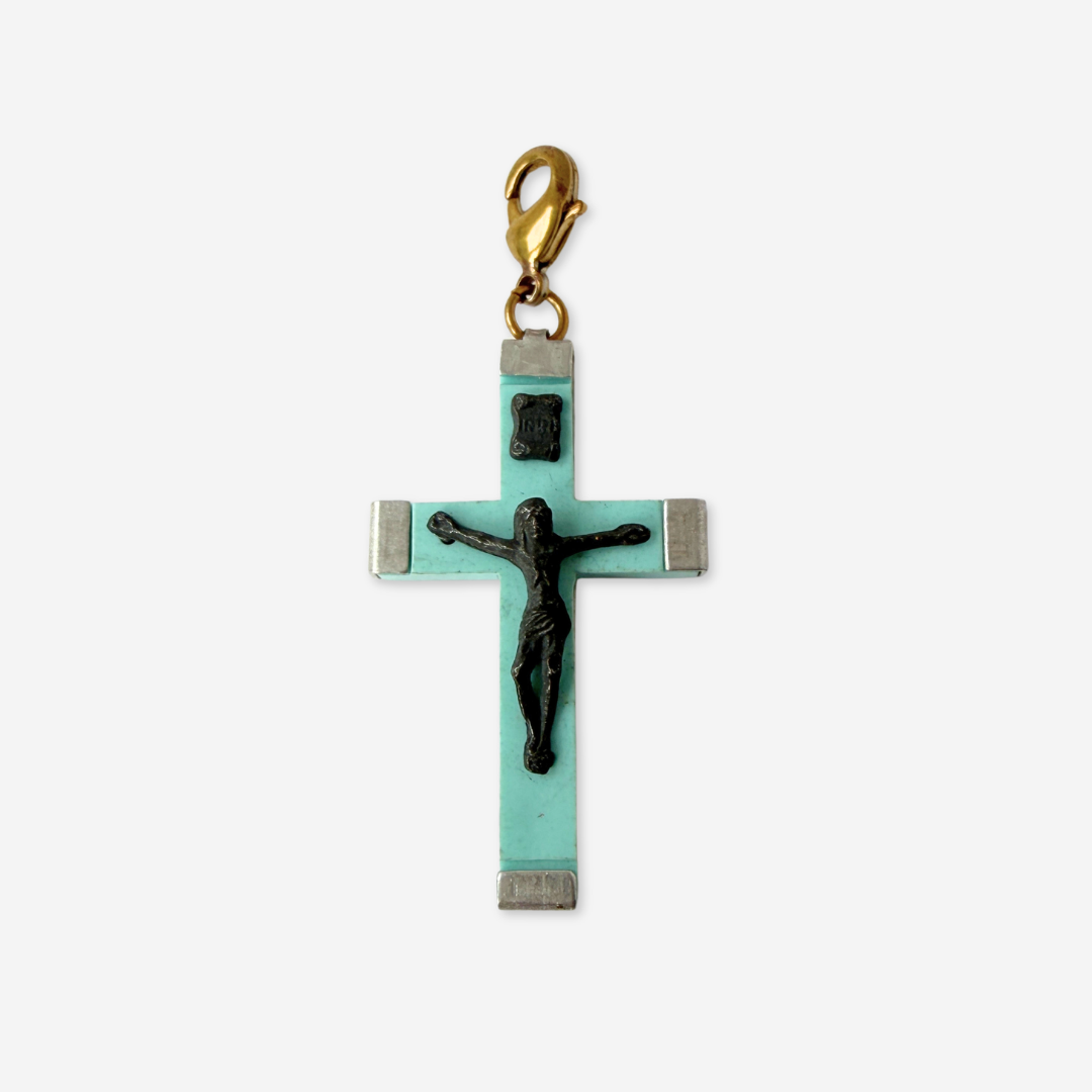 Vintage Italian turquoise blue acrylic cross charm pendant