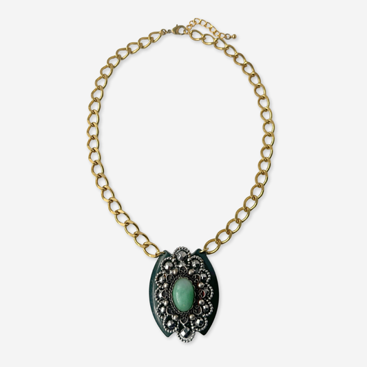 Repurposed Vintage layered green and steel cut buckle assemblage pendant