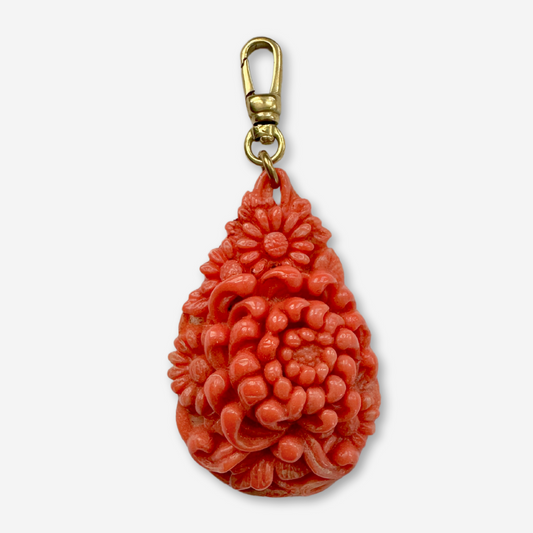 Vintage large coral molded celluloid floral teardrop charm with swivel clasp