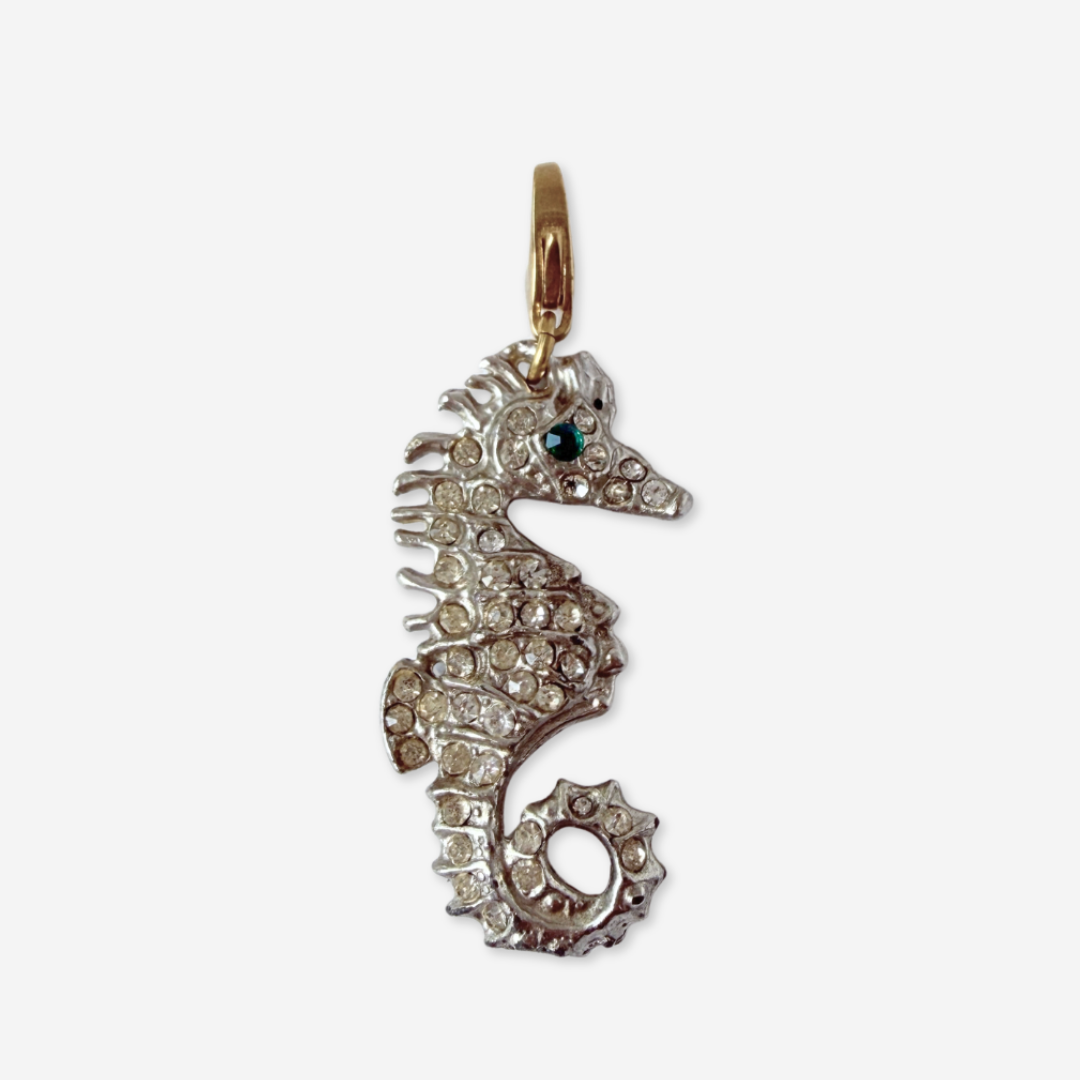 Large refashioned vintage clear rhinestone seahorse charm