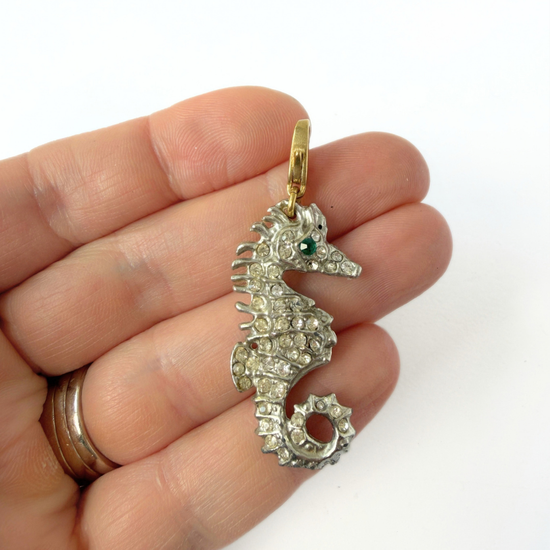 Large refashioned vintage clear rhinestone seahorse charm