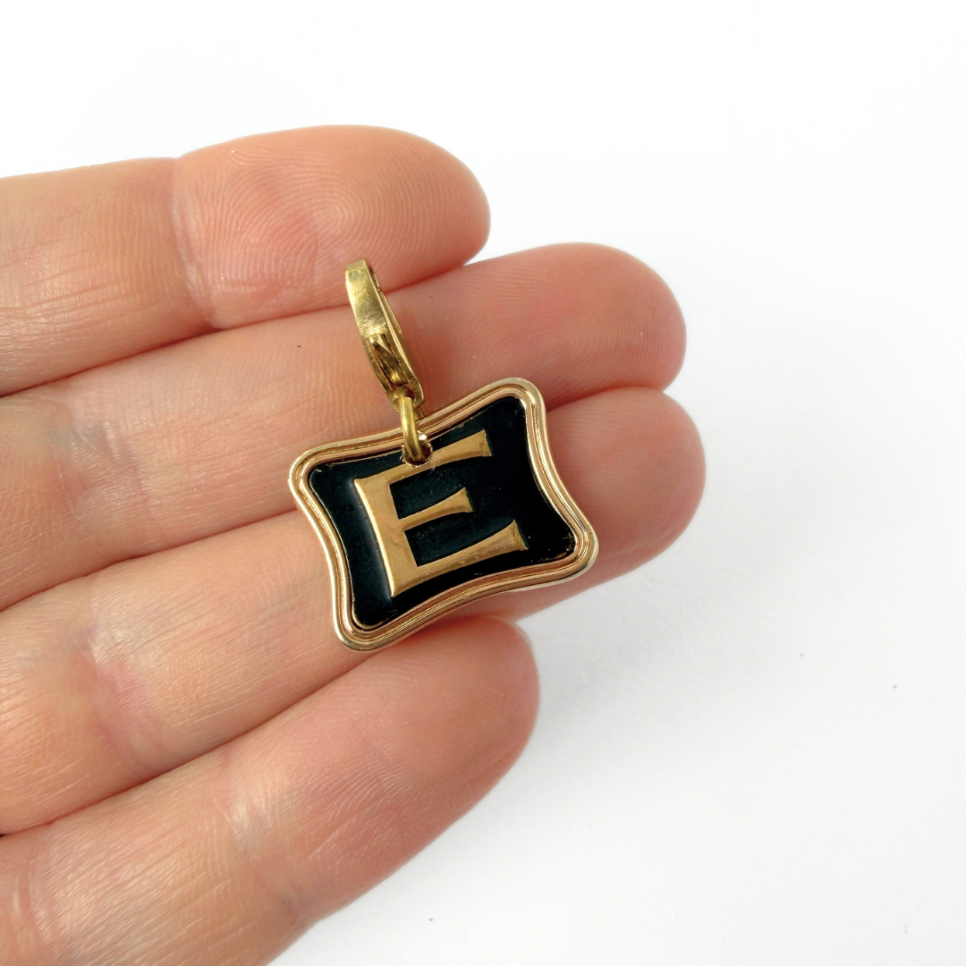 Refashioned vintage black and gold letter "E" charm