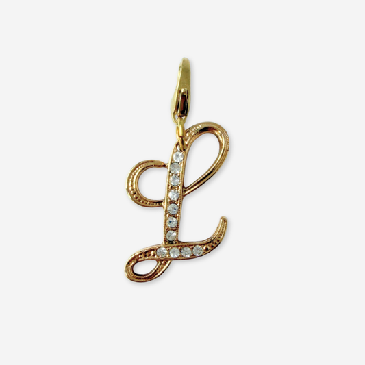 Refashioned vintage gold tone rhinestone letter "L" monogram charm