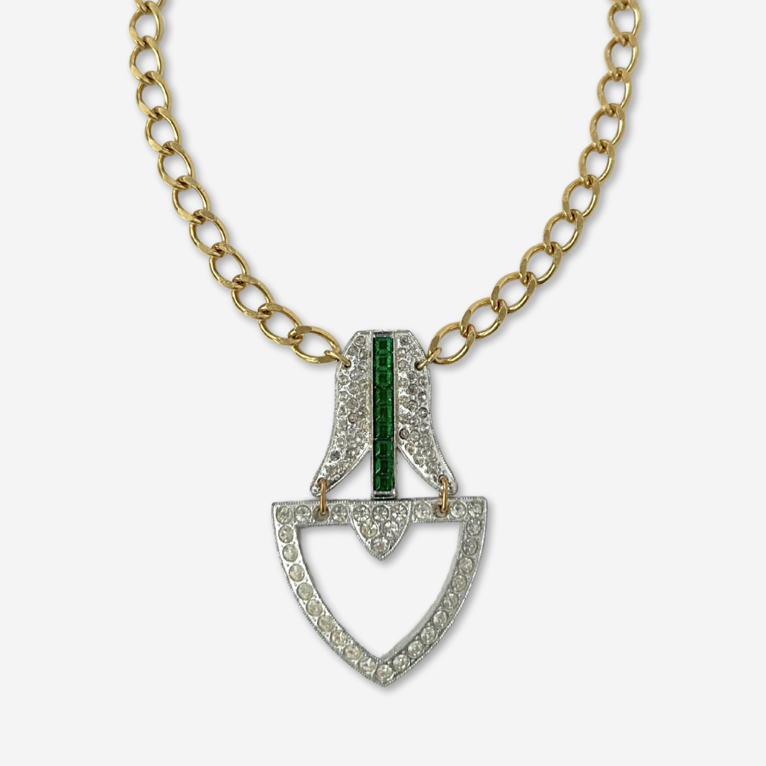Refashioned vintage clear and emerald rhinestone pendant assemblage necklace