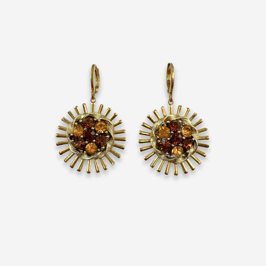 Brass sunburst earrings with amber topaz vintage rhinestone centers