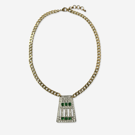 Refashioned vintage clear and green rhinestone art deco pendant necklace
