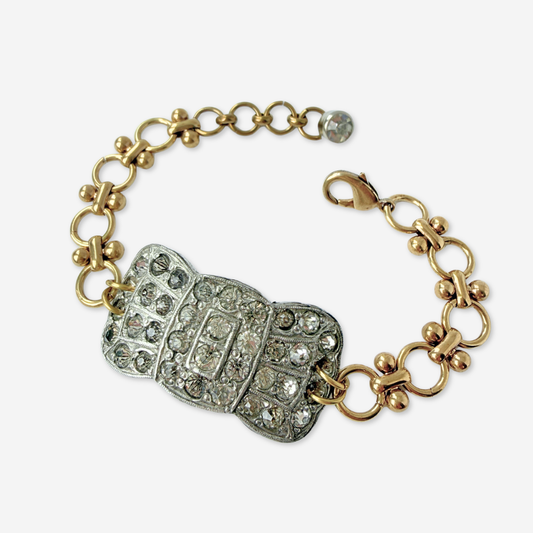 Refashioned vintage clear rhinestone bow bracelet with brass chain