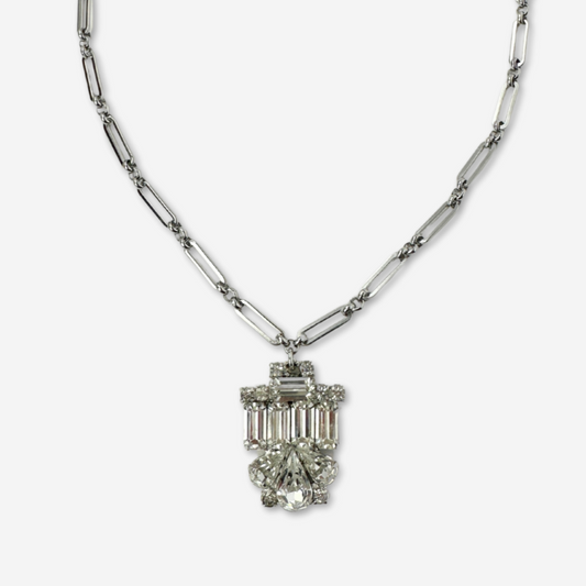 Vintage clear rhinestone pendant with silver plated oval link chain