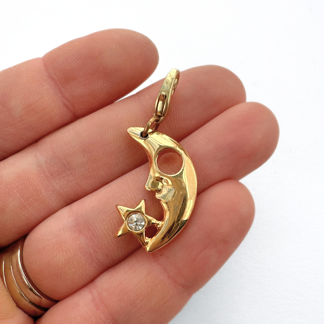 Vintage gold plated crescent moon and star charm