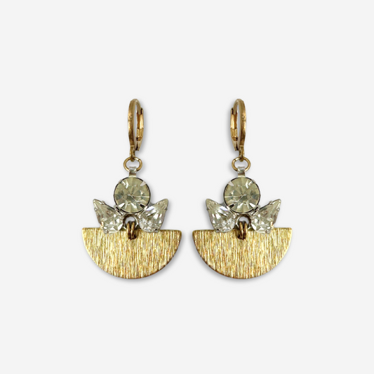 Refashioned vintage clear rhinestone earrings with brass half moon drop