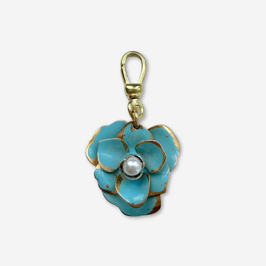 Vintage baby blue enamel flower charm with pearl center