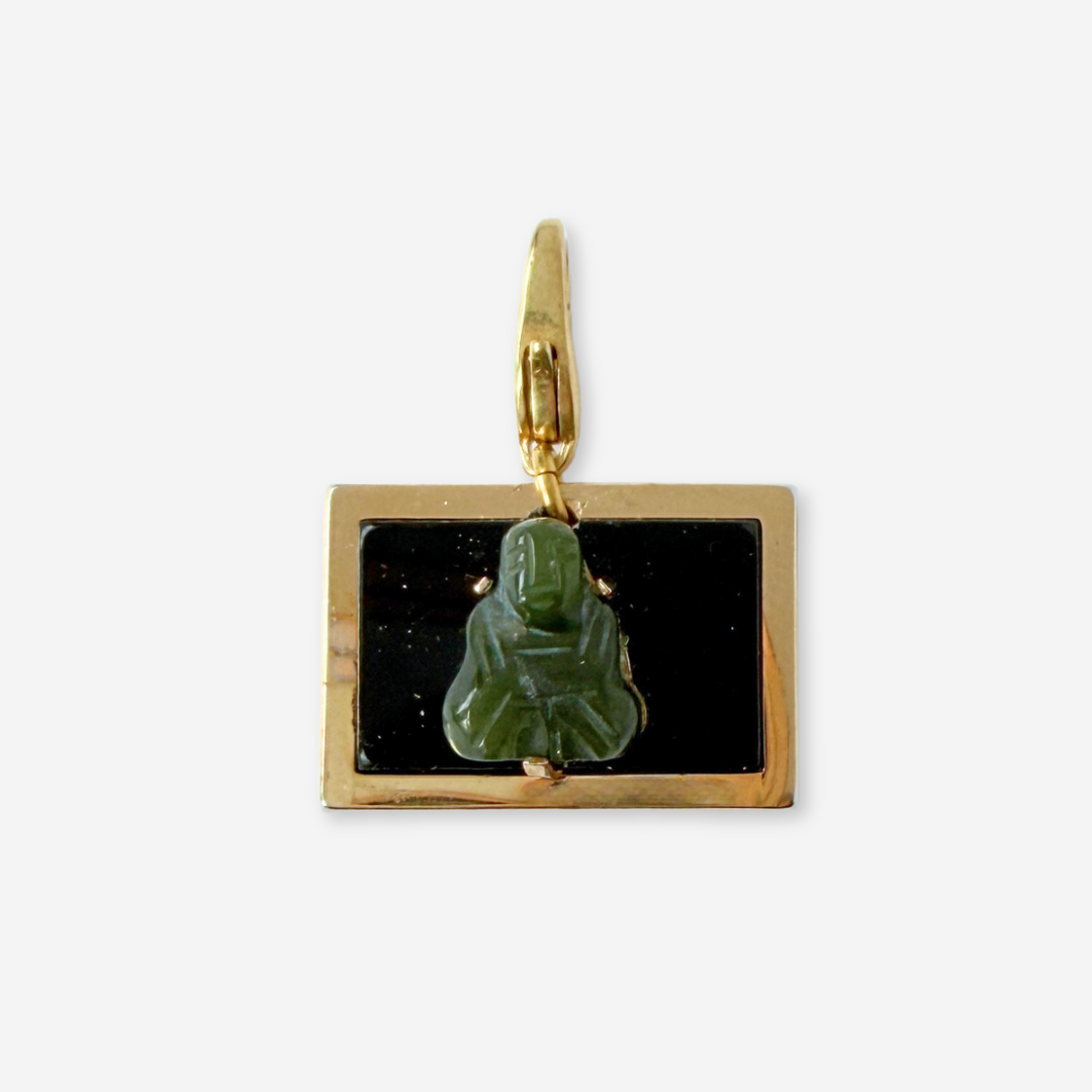 Refashioned vintage black, gold, and jade rectangular Buddha charm