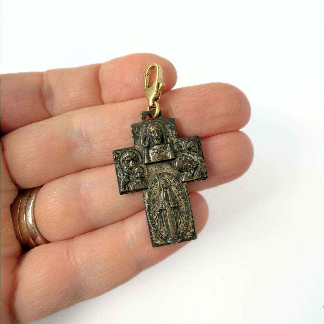 Vintage aged silver four-way scapular cross charm pendant