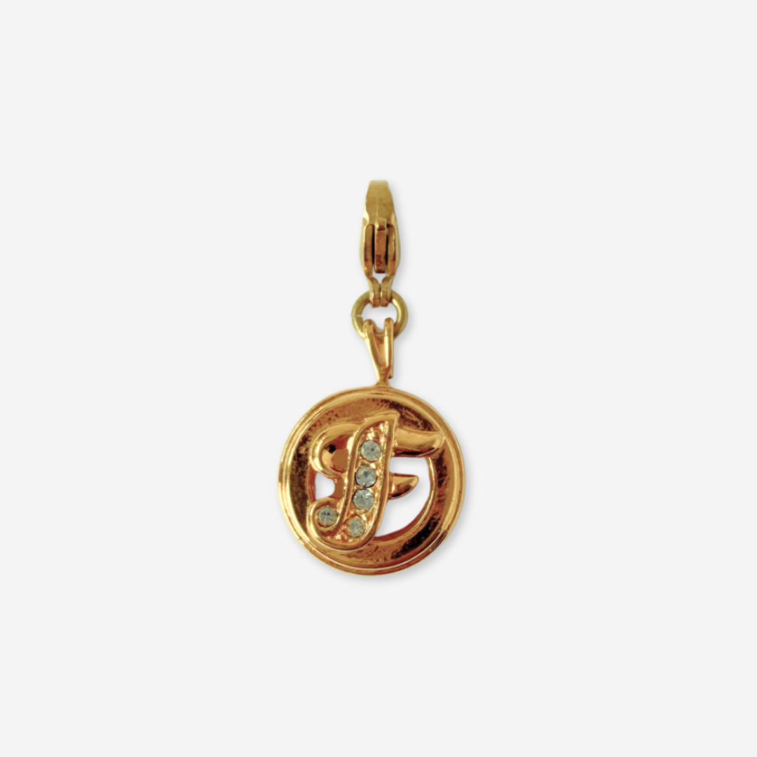 Small circular gold and rhinestone letter "F" charm