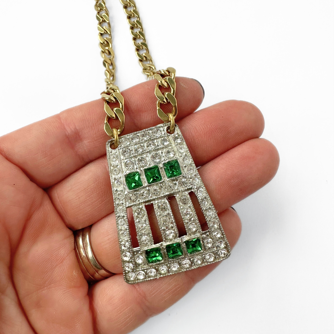 Refashioned vintage clear and green rhinestone art deco pendant necklace
