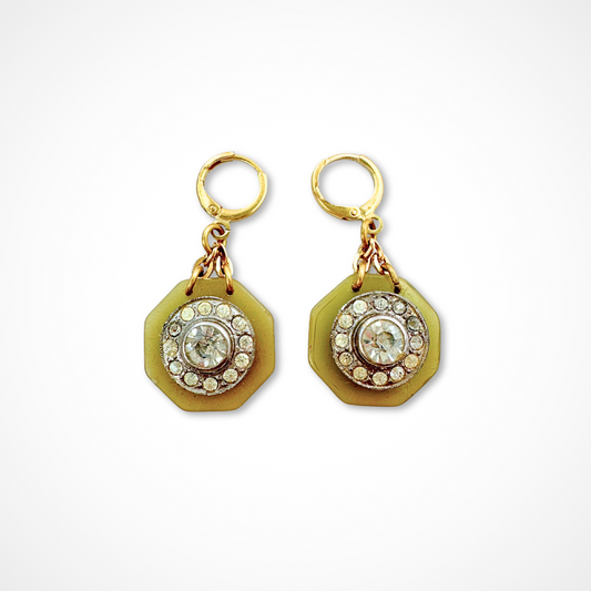 Repurposed vintage olive green button earrings with clear rhinestone centers and brass lever backs