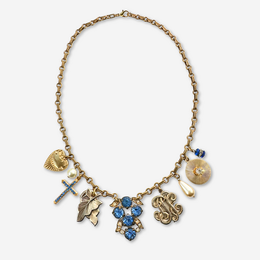 Repurposed blue and gold vintage rhinestone charm necklace