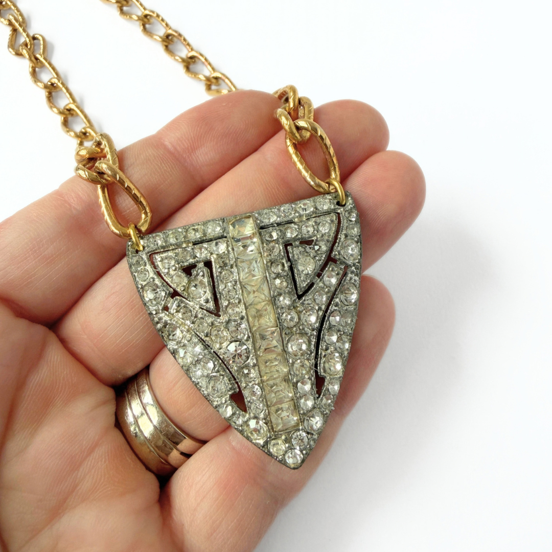 Large refashioned vintage deco rhinestone pendant necklace