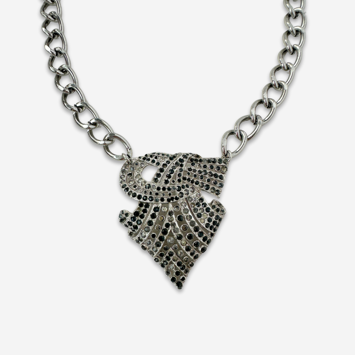 Refashioned vintage art deco large rhinestone pendant with steel curb chain