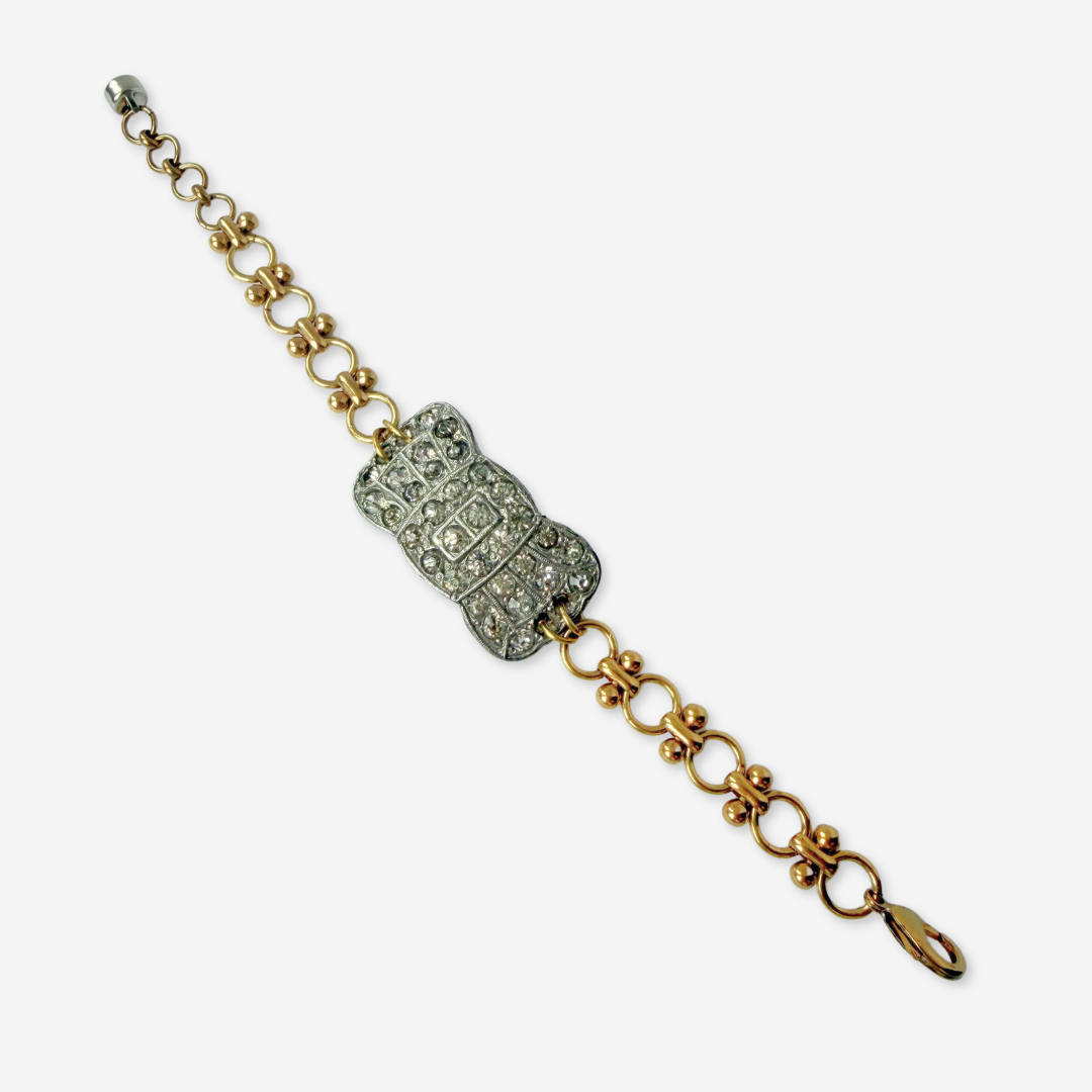 Refashioned vintage clear rhinestone bow bracelet with brass chain