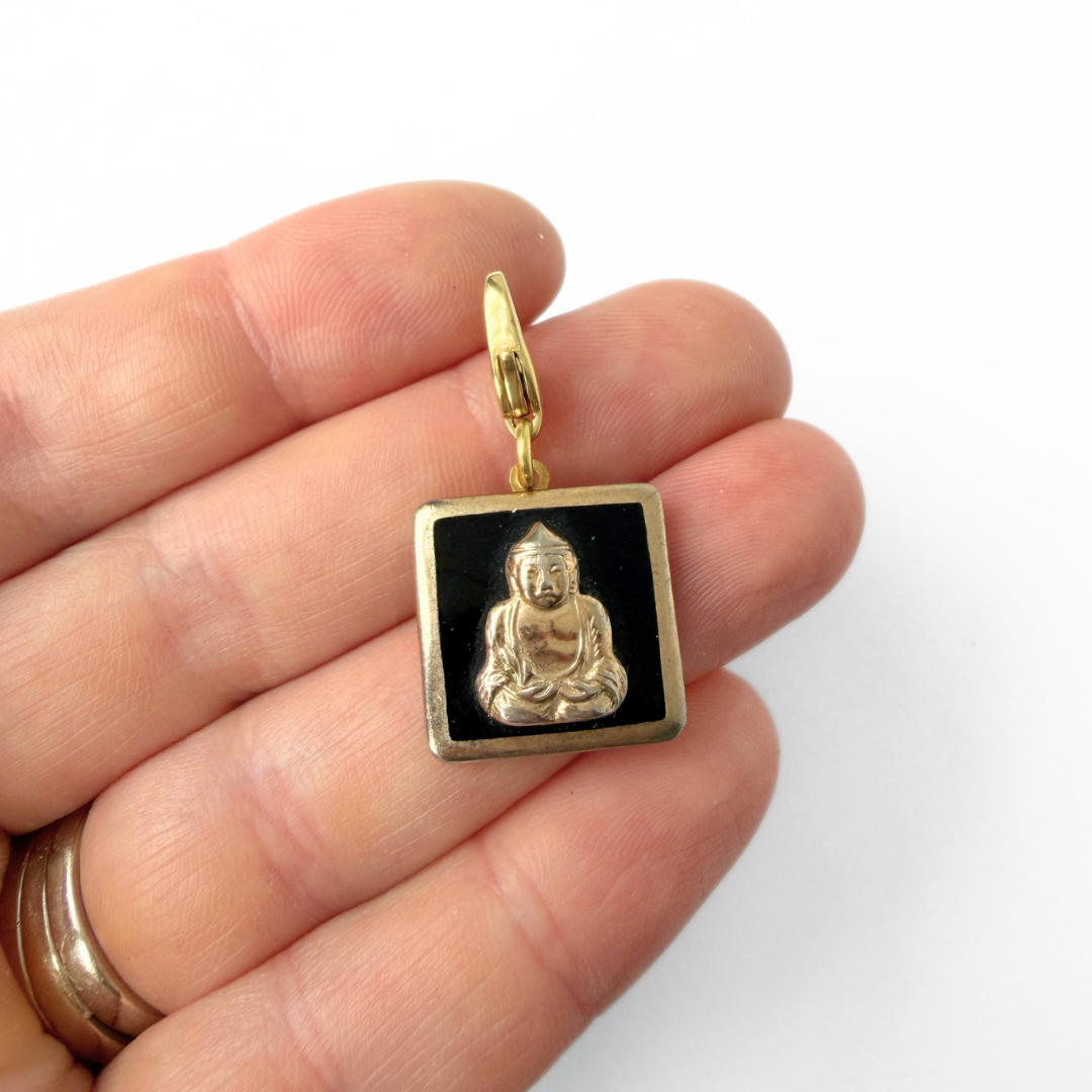Refashioned vintage gold and black square enamel Buddha charm