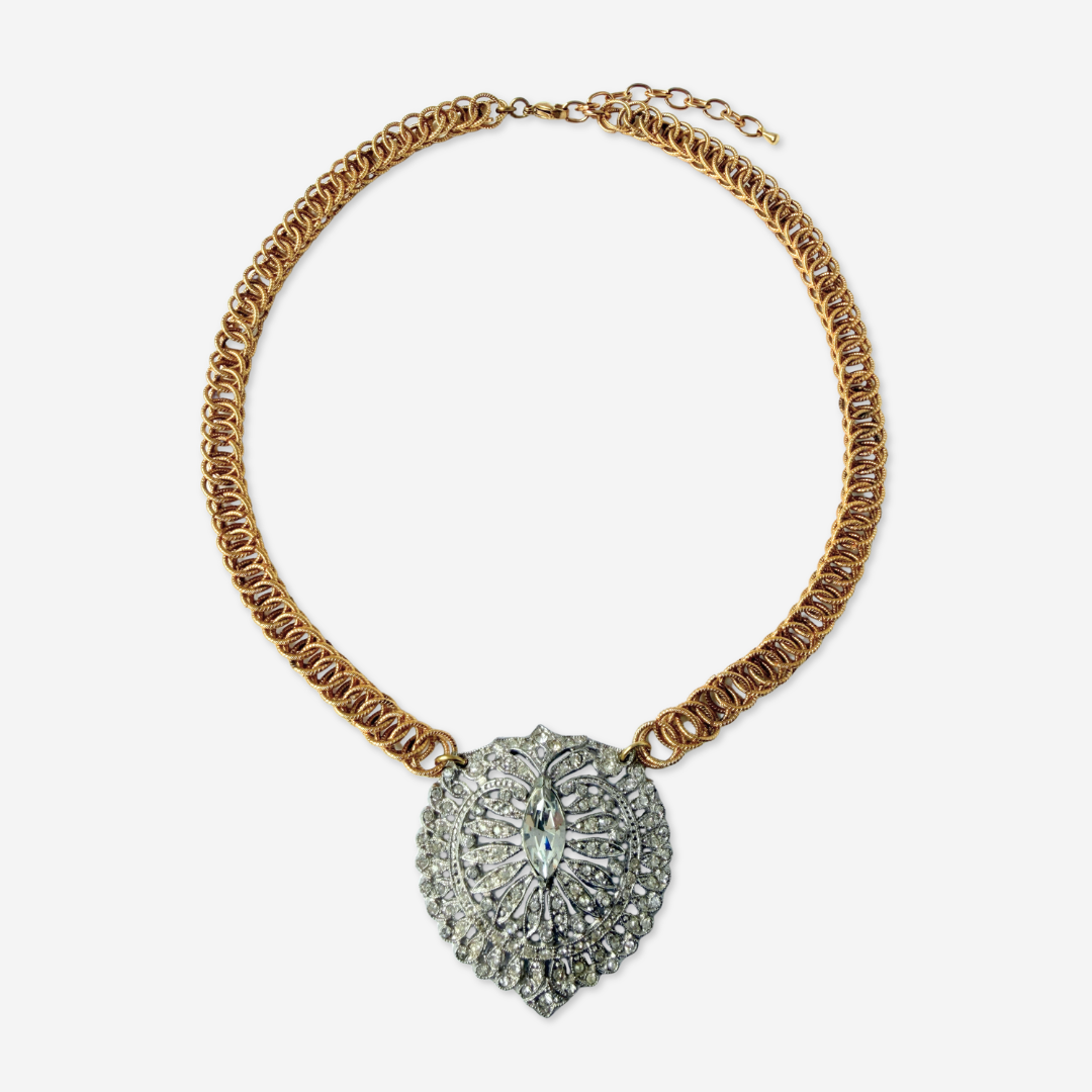 Large refashioned vintage deco rhinestone pendant necklace