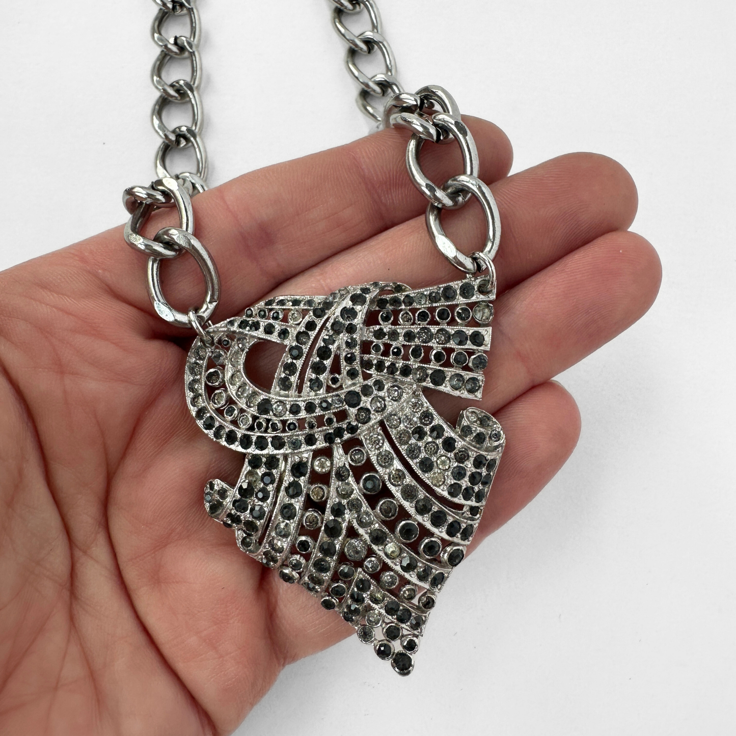 Refashioned vintage art deco large rhinestone pendant with steel curb chain