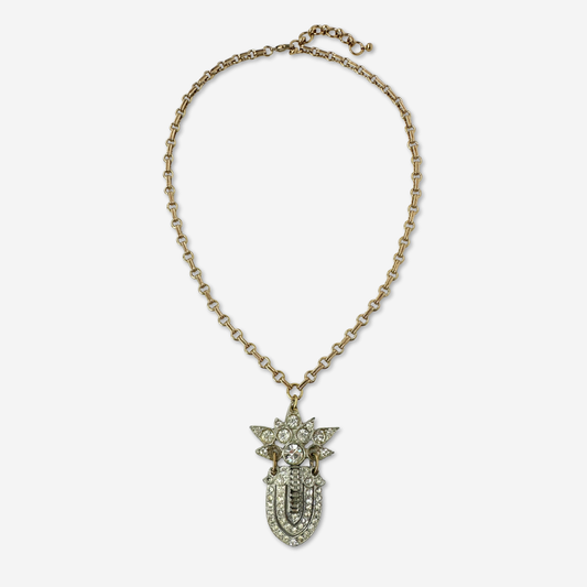 Refashioned 2-pc vintage art deco rhinestone and brass pendant assemblage necklace