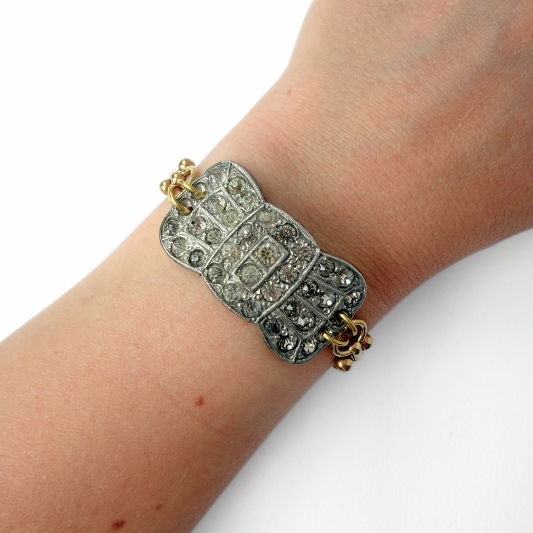 Refashioned vintage clear rhinestone bow bracelet with brass chain