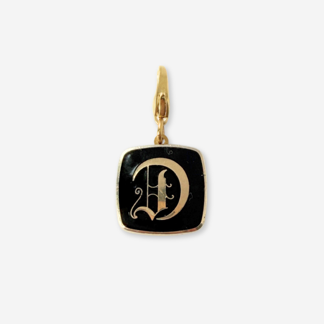 Vintage gold and black enamel "D" monogram square charm