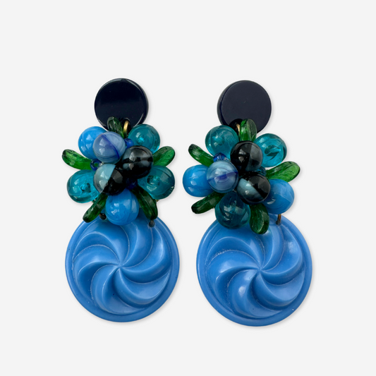 Refashioned vintage blue and green beaded cluster statement earrings