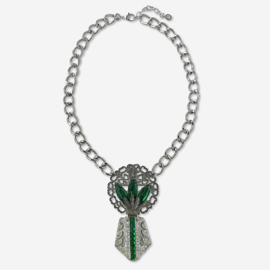 Refashioned vintage silver, clear and emerald rhinestone pendant assemblage necklace