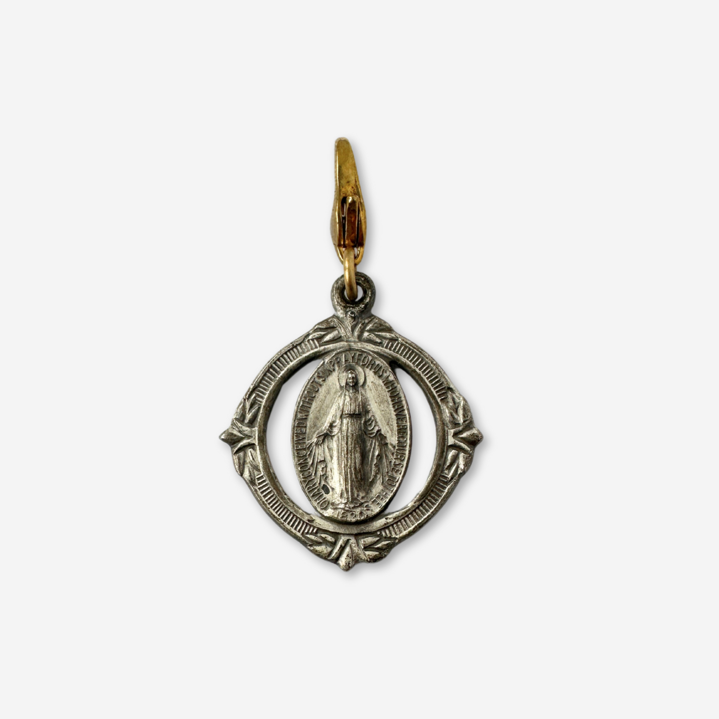 Vintage silver tone ornate miraculous medal charm with brass clasp