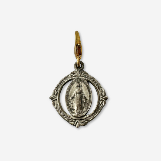 Vintage silver tone ornate miraculous medal charm with brass clasp