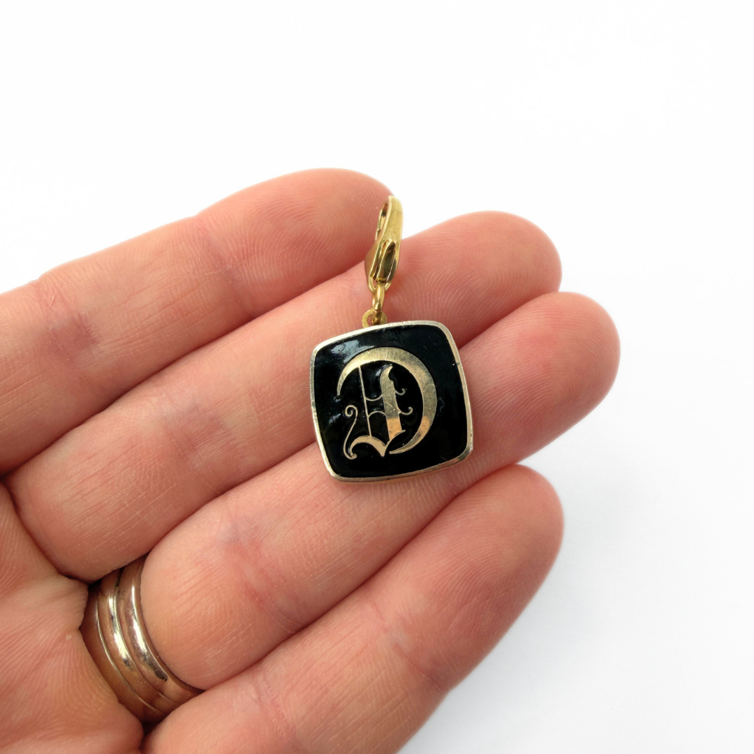 Vintage gold and black enamel "D" monogram square charm