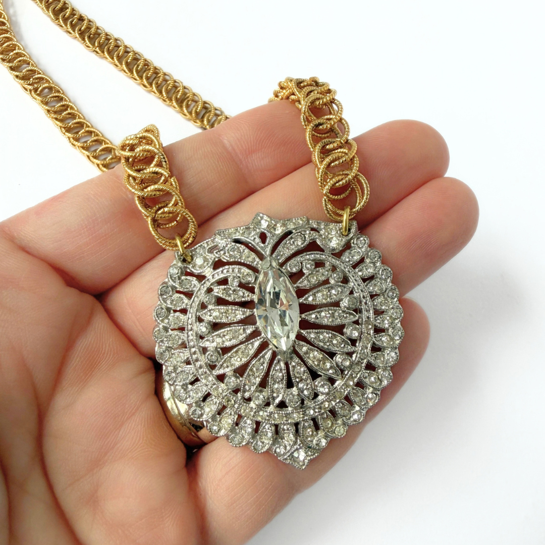 Large refashioned vintage deco rhinestone pendant necklace