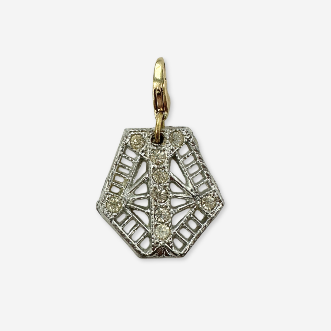 Vintage art deco filigree clear rhinestone charm