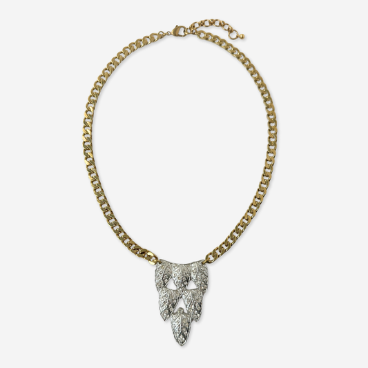 Refashioned vintage rhinestone art deco leaf pendant necklace