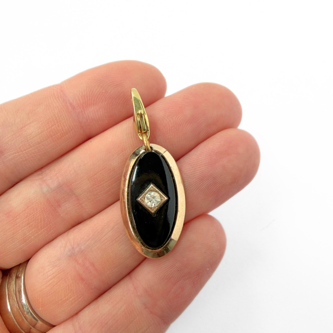 Vintage gold plated and black glass deco style oval charm