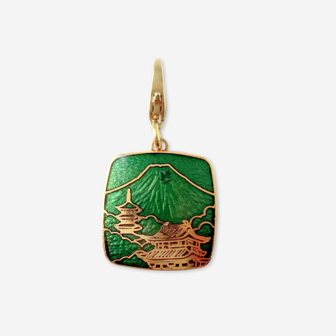 Refashioned vintage green enamel Mount Fuji square charm