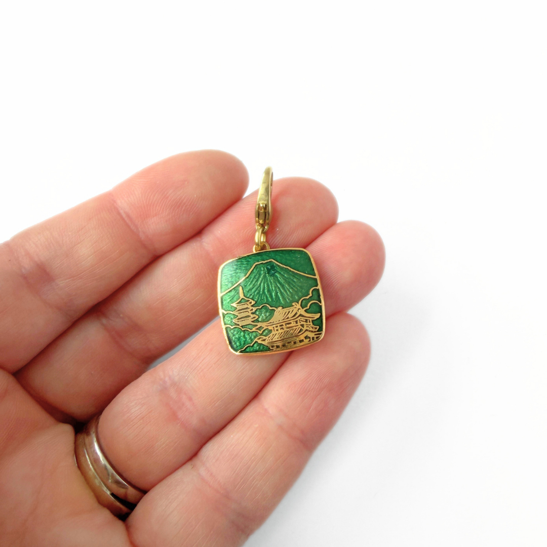 Refashioned vintage green enamel Mount Fuji square charm