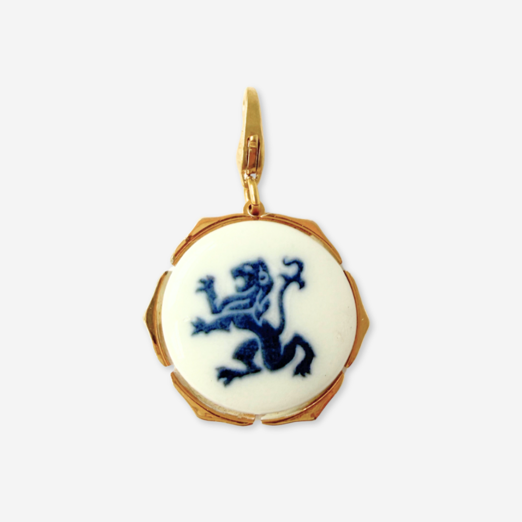 Refashioned vintage blue and white ceramic Denmark heraldic lion charm
