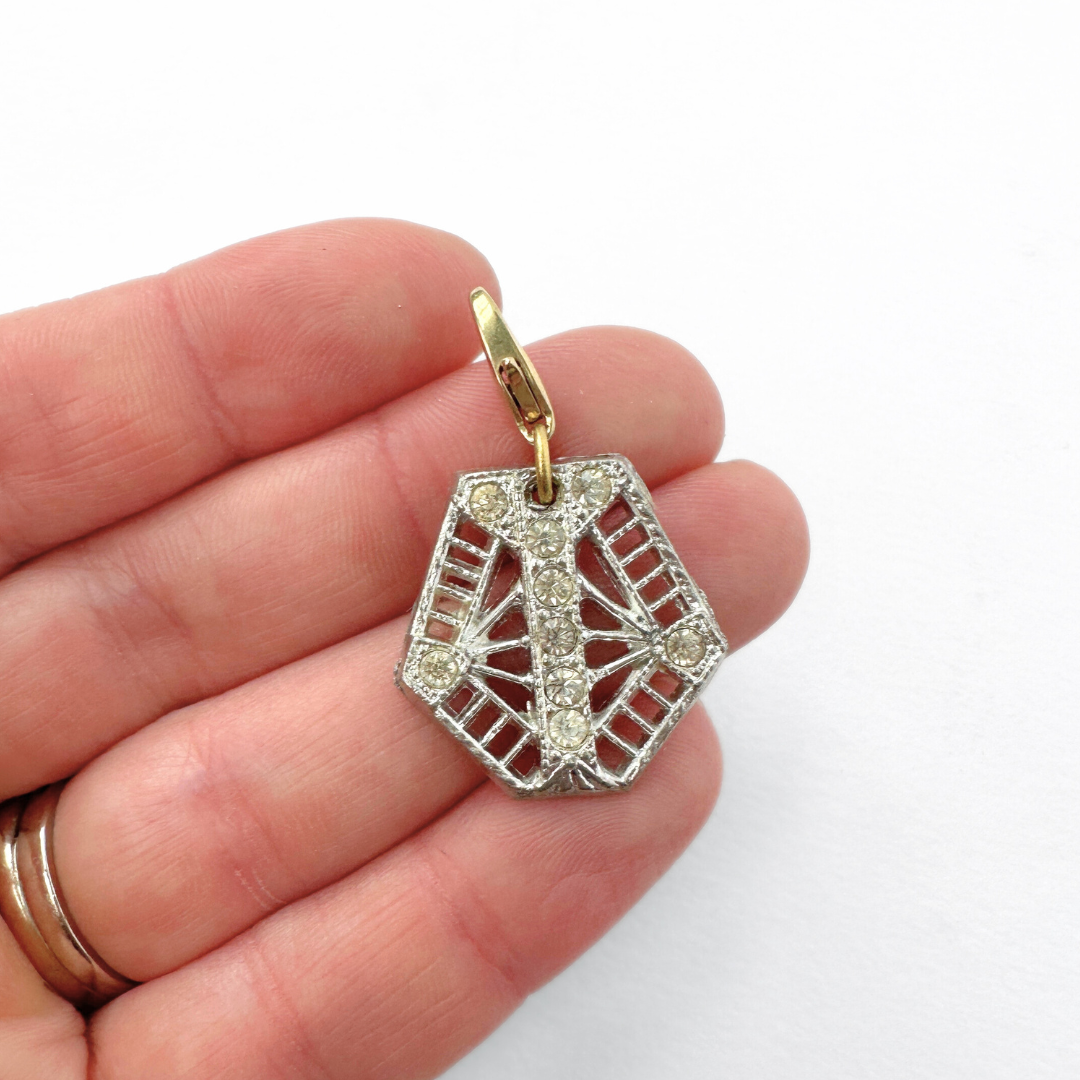 Vintage art deco filigree clear rhinestone charm
