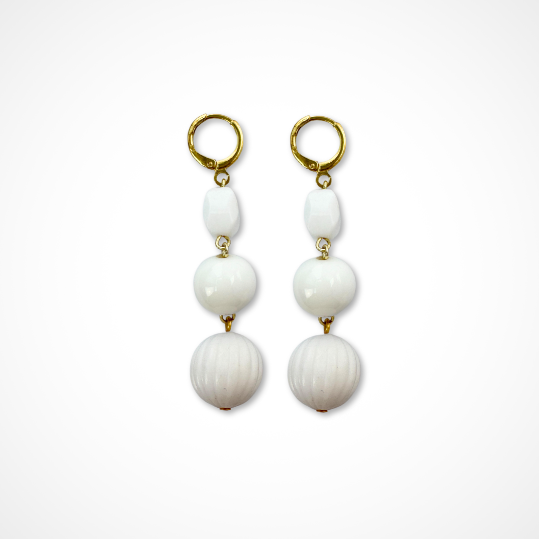 Refashioned 3-tier white vintage bead earrings with brass lever backs