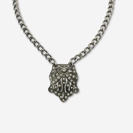 Refashioned vintage art deco rhinestone pendant with antique silver chain